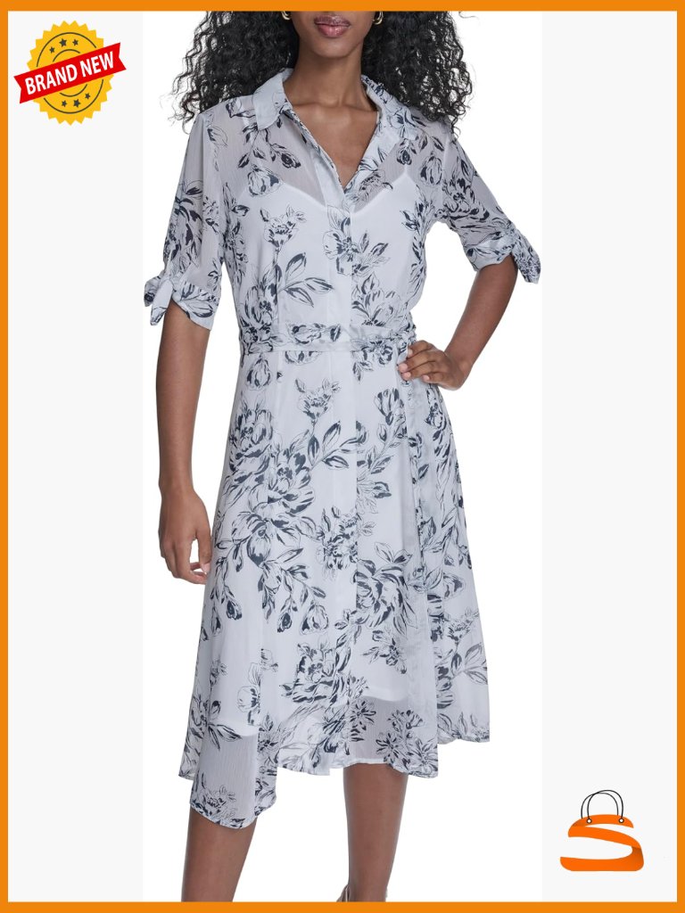 Short Sleeve Collared Midi Shirtdress With Belt